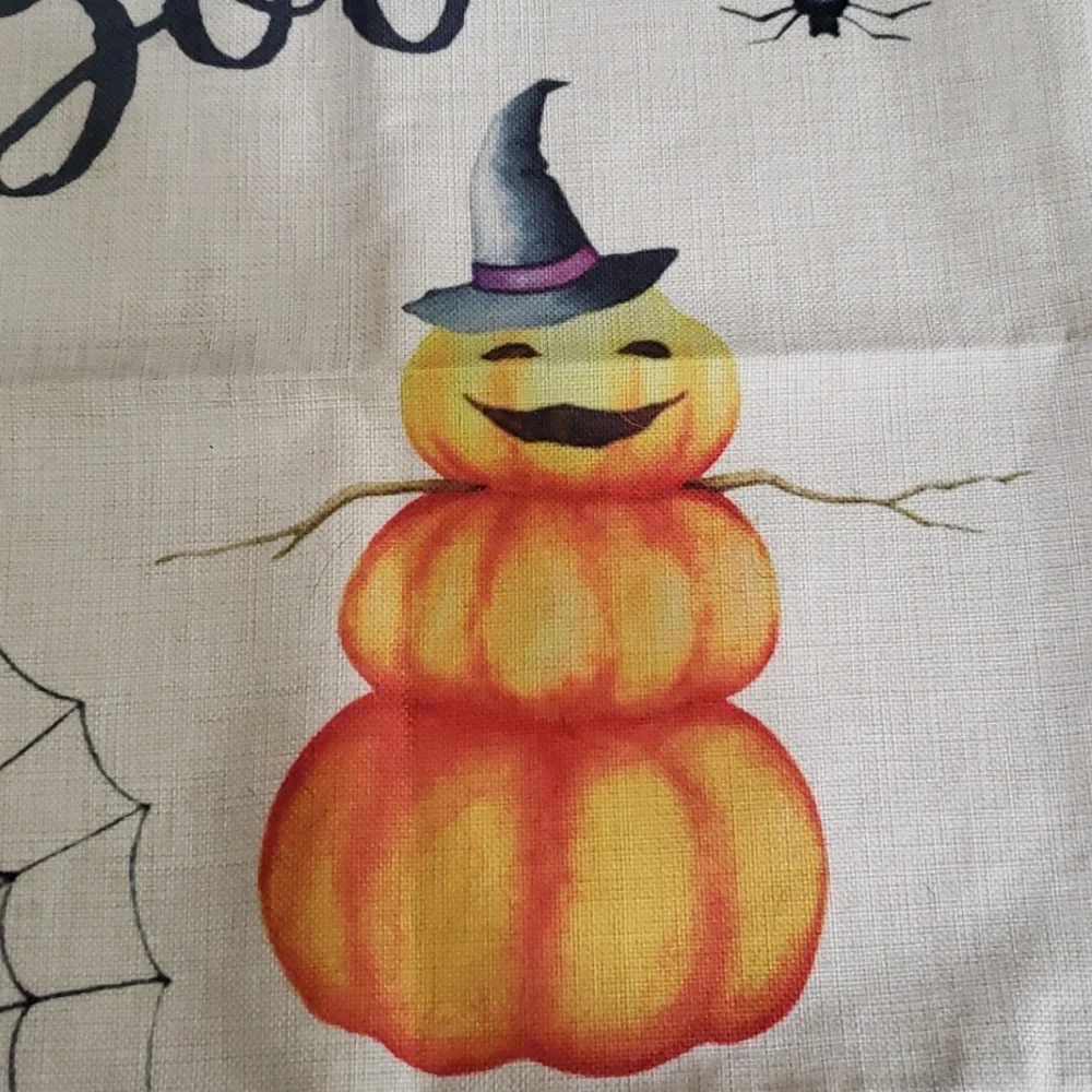 Halloween Boo Pillow Cover Jack O' Lantern Pumpkins Spiders Burlap Zip